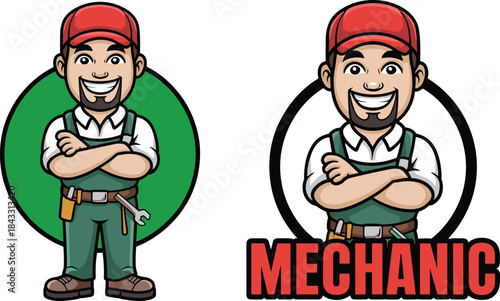 Friendly male mechanic mascot character in green overalls and red cap with arms crossed and circular emblem version for automotive repair service branding vector