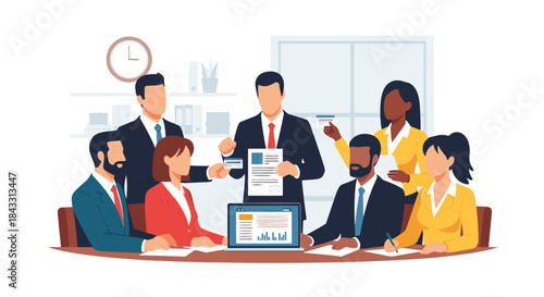 Diverse business team members in a meeting exchanging documents and cards in an office setting