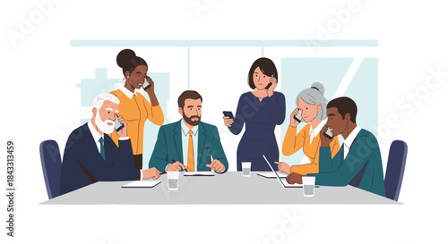 Diverse business team members engaged in phone calls during a meeting at the office