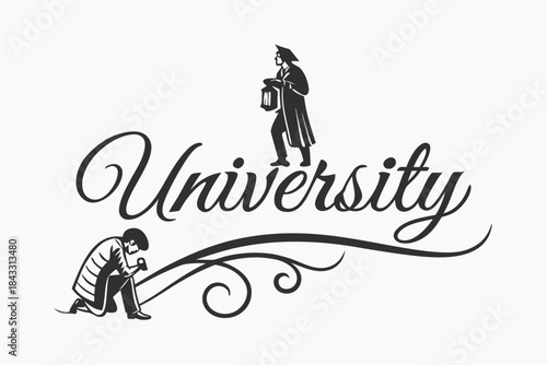 University emblem with a graduate holding a lantern and a student kneeling in prayer