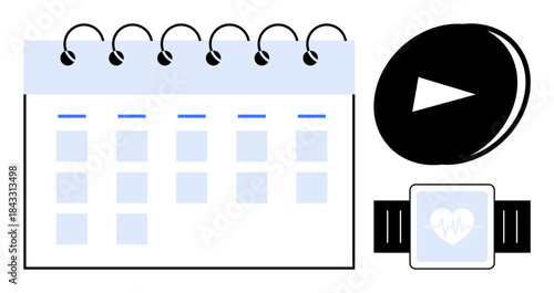 Productivity, time management, fitness tracking, healthcare, modern technology, activity planning. A calendar, smartwatch with heart icon and play button. Productivity and fitness tracking concepts