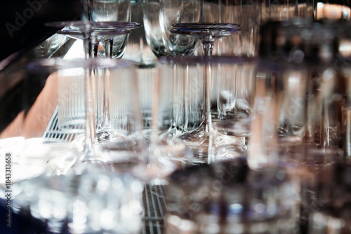  Closeup image of Glassware on bar counter in restaurant.