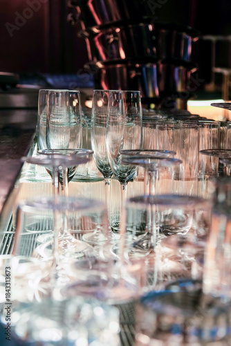  Closeup image of Glassware on bar counter in restaurant.