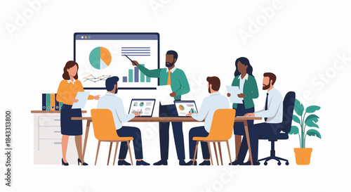 Diverse business team members collaborating during a presentation in a modern office environment