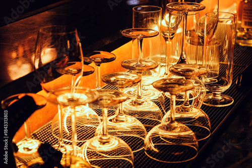  Closeup image of Glassware on bar counter in restaurant.
