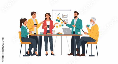 Diverse business team meeting around a table with presentation and coffee break illustration