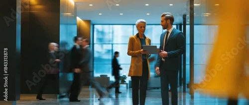 People are passing by in a blur as two businesspeople stand in an office foyer, staring at a tablet.