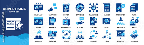 Advertising icon set collection. Icon pack contains advertising, branding, promotion, marketing, campaign, banner, poster, flyer, billboard, commercial
