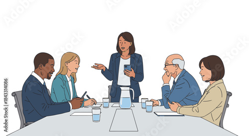 Diverse business team in a meeting discussing ideas and using technology together at a table