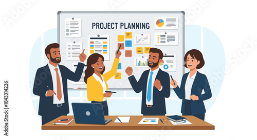 Diverse business team collaborating on project planning using whiteboard and sticky notes illustration