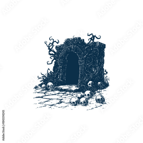 Dark and ominous illustration of an old, stone doorway overgrown with thorny vines and surrounded by a pile of human skulls