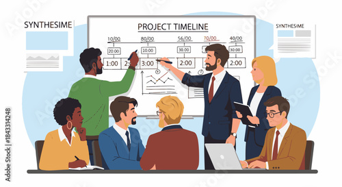 Diverse business team collaborating on a project timeline presentation in a modern office setting.