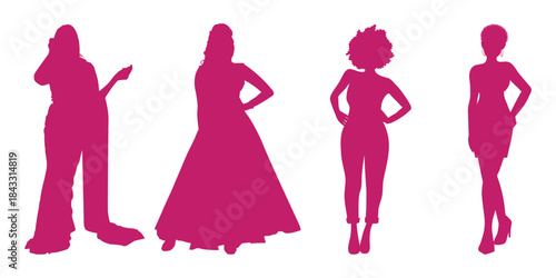 Stylish female silhouettes in various poses, confident women standing, hands on hips, waving, fashion figures on white background