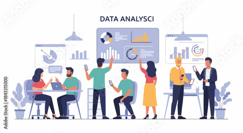 Data analysis team working in a modern office environment with digital charts and graphs