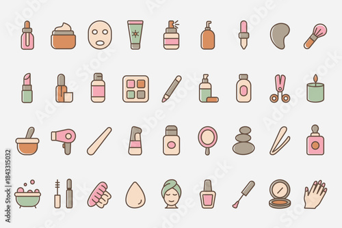 Beauty and Self-Care Flat Color Icon Set for Skincare and Cosmetics