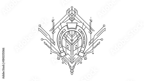 Geometric abstract emblem intricate line art design with futuristic elements isolated on white backg