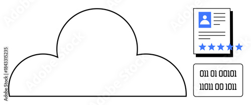 Cloud design linked with digital user profile showing personal information and ratings alongside binary code. Ideal for data storage, cybersecurity, online privacy, cloud software, identity