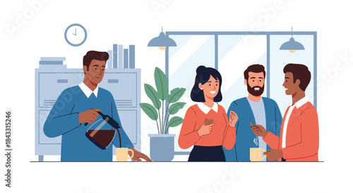 Colleagues taking a break in the office, drinking coffee and having a relaxed conversation.