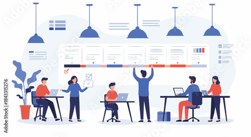 Collaborative team working together on a project management timeline in a modern office