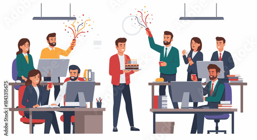 Cheerful office colleagues celebrating a birthday with a cake and party crackers in a modern workplace