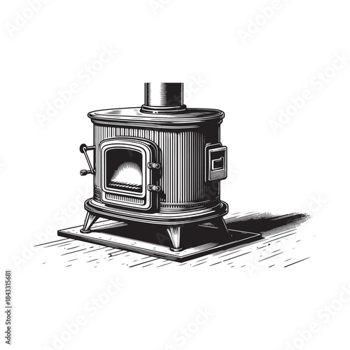 Vintage wood burning stove illustration engraving style