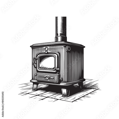 Vintage wood burning stove with chimney on wooden floor illustration