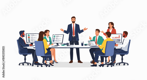 Businessman leading a team meeting in an office setting with various colleagues discussing plans