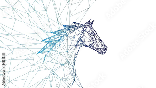 Wireframe horse head emerging from abstract network digital art for technology and innovation concep