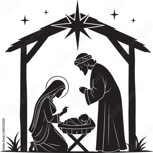 Black silhouette nativity scene with baby Jesus Mary and Joseph modern Christian Christmas illustration isolated on white background vector art