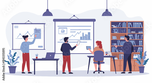 Business team working together presenting data and sharing ideas in modern office setting