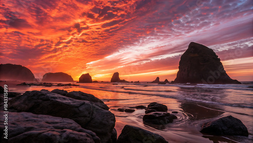 Fototapeta Naklejka Na Ścianę i Meble -  Dramatic sunset over sea stacks and rocky oregon coast shoreline