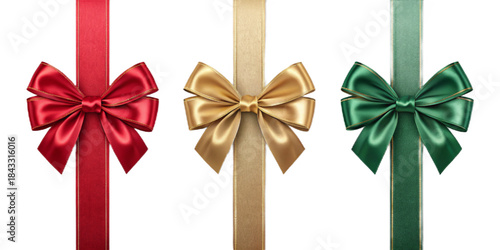 Realistic Christmas Bow and Ribbon Sets, Red Gold Green Satin Metallic Velvet, Semi-Realistic Vector Illustration