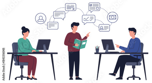 Business team working together on a project in an office with communication icons