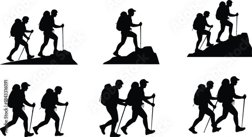 Hiking people silhouettes, Backpacking vector icons, Mountain trek clipart, Trekking hikers walking, Silhouette illustration of hikers with poles, Adventure outdoor trekking graphic