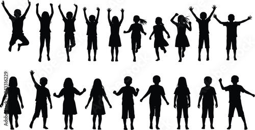 Children silhouettes, playful poses, jumping kids, standing figures, vector clipart, black and white, child motion, casual clothing, energy, fun
