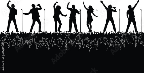 Concert silhouettes, live music, performers on stage, crowd illustration, vector clipart, black and white, entertainment, microphone, energy, audience