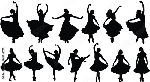 Dancer silhouettes, flowing dresses, elegant poses, vector clipart, black and white, dance motion, expressive gesture, graceful, performance, art