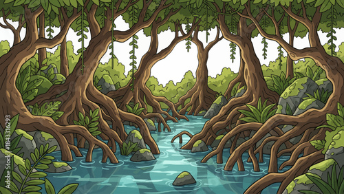 mangrove forest with twisted tree roots, shallow water reflections, dense vegetation, and a unique ecosystem connecting land and sea environments, white isolated sky