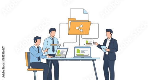 Business team sharing files and data on laptops and a tablet with connected folder icon