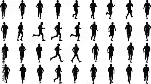 Running silhouette sequence, human motion, athletic poses, vector clipart, sports biomechanics, black and white, animation frames, dynamic movement, grid layout