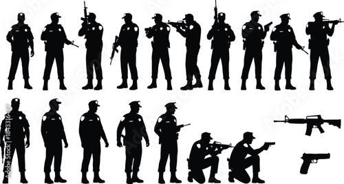 Police silhouettes, tactical stance, armed officers, law enforcement, vector clipart, security illustration, rifle, handgun, black and white, patrol