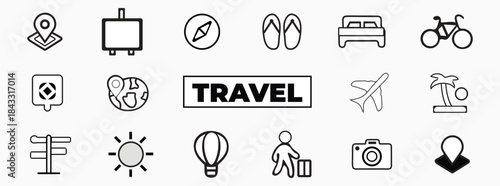 Travel outline icons. Travel related icons. Travel Vacation Vector Outline Icon Set