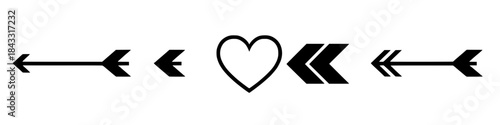 Black arrow and heart icons set featuring minimal solid shapes isolated on white background ideal for love romance valentine wedding and graphic design