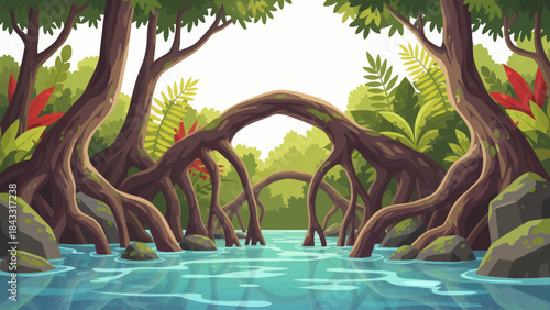 mangrove forest with twisted tree roots, shallow water reflections, dense vegetation, and a unique ecosystem connecting land and sea environments, white isolated sky