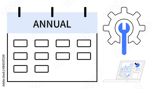 Scheduling, planning, time management, productivity, maintenance, business efficiency. Calendar and wrench gear icon with a laptop displaying a chart. Scheduling and time management