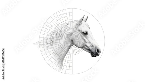 Elegant horse head with geometric grid overlay representing data analysis and precision isolated on 