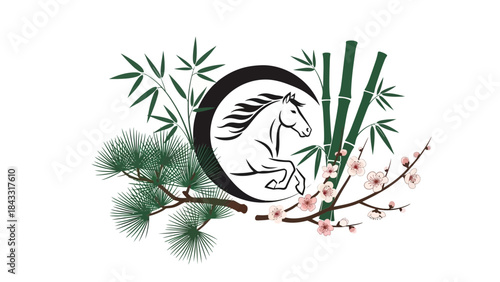 Horse symbol with bamboo and pine branches traditional Asian art elegant design for branding and dec