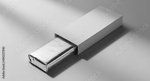 A minimalist, highangle shot of a white gum wrapper with a silver foil interior, partially pulled out of its white cardboard sleeve, casting a soft shadow on a plain surface