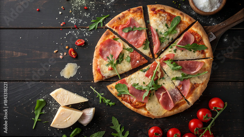 Delicious pizza with ham, cheese, and fresh toppings on a wooden table in a cozy setting during the evening hours