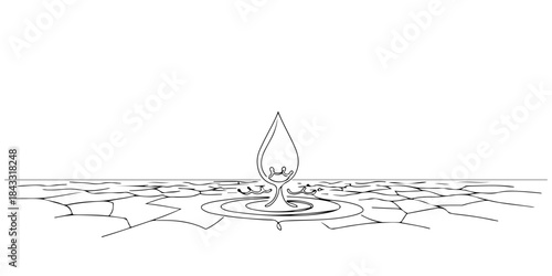 Continuous one line of a single drop of water landing on desert ground, sleek minimal renewal amidst despair symbolism design, hand drawn vector illustration.